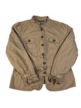 Motto Medium Brown Tan Button-Up Utility Military Jacket Buckle Detail Peplum